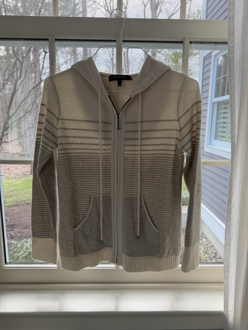 St. John Cream and Light Gray Striped Zip-Up Hoodie
